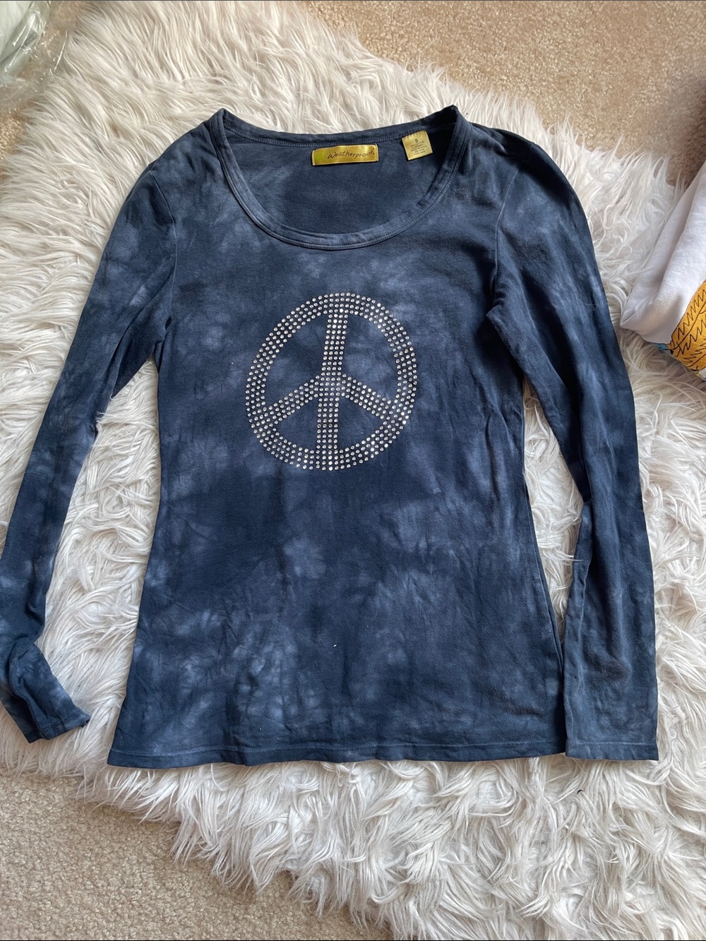 Weatherproof Navy Tie-Dye Long Sleeve Top with Rhinestone Peace Sign